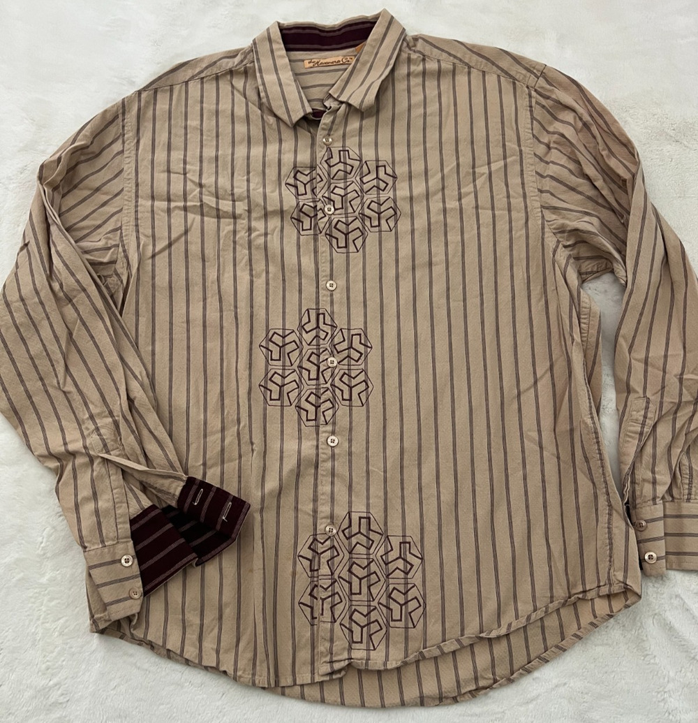 Vintage The Havanera Co Mens XL Beige Brown Striped Button Long Sleeve Shirt